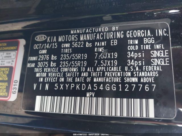 5XYPKDA54GG127767 KIA Sorento 3.3l Sx