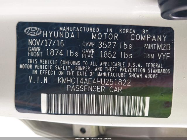 KMHCT4AE4HU251822 Hyundai Accent Value Edition