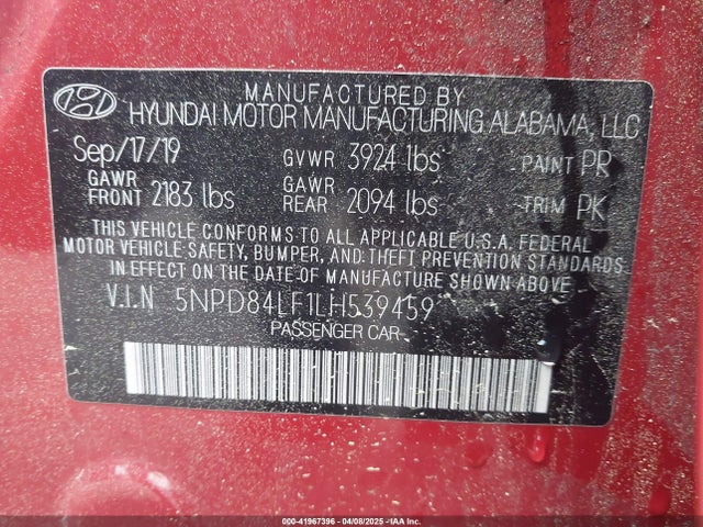 5NPD84LF1LH539459 Hyundai ELANTRA SEL
