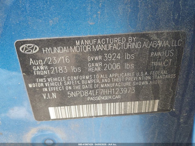 5NPD84LF7HH123973 Hyundai Elantra Limited