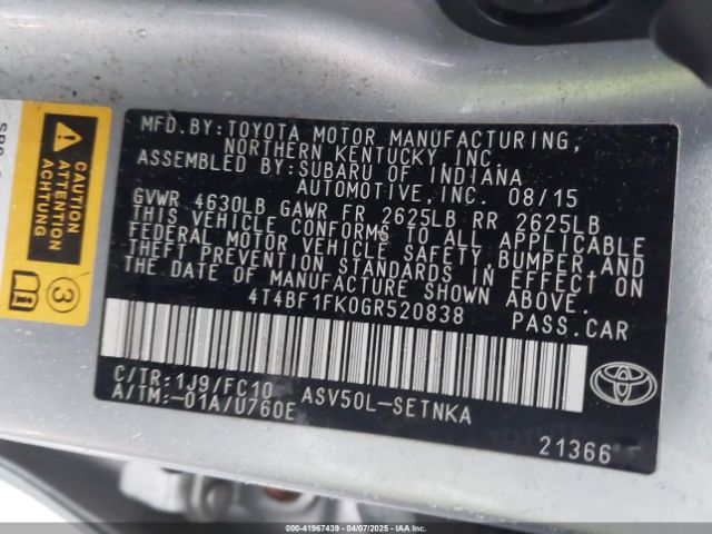 4T4BF1FK0GR520838 Toyota CAMRY LE