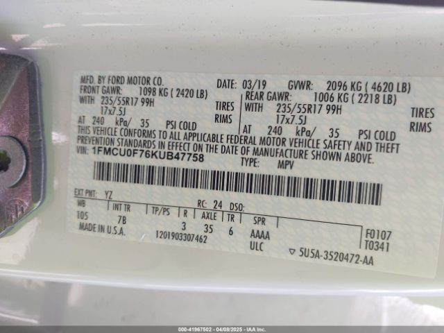 2019 FORD ESCAPE 1FMCU0F76KUB47758 Photo 8