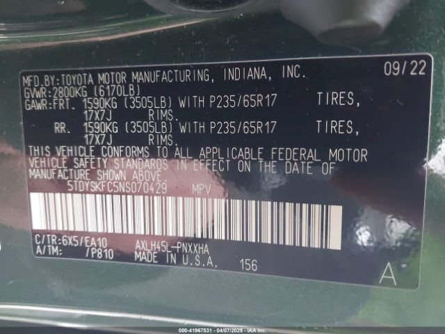 5TDYSKFC5NS070429 Toyota SIENNA XLE