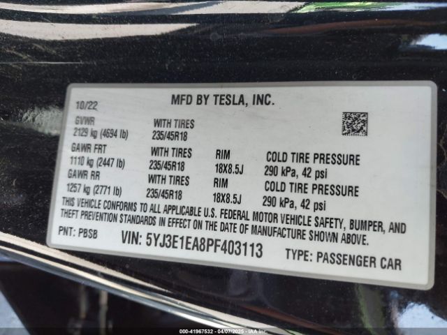 5YJ3E1EA8PF403113 Tesla Model 3 Rear-wheel Drive