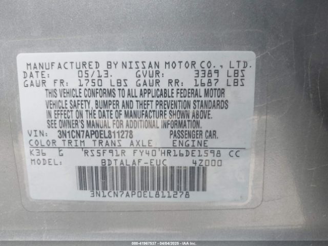 3N1CN7AP0EL811278 Nissan Versa 1.6 S