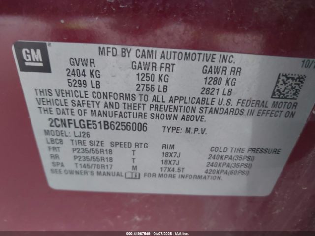 2011 CHEVROLET EQUINOX 2CNFLGE51B6256006 Photo 8