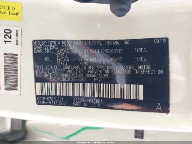 5TDYK3DCXFS663083 Toyota Sienna Xle 8 Passenger