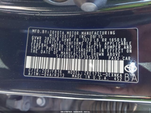 5YFBURHE2GP385935 Toyota COROLLA LE