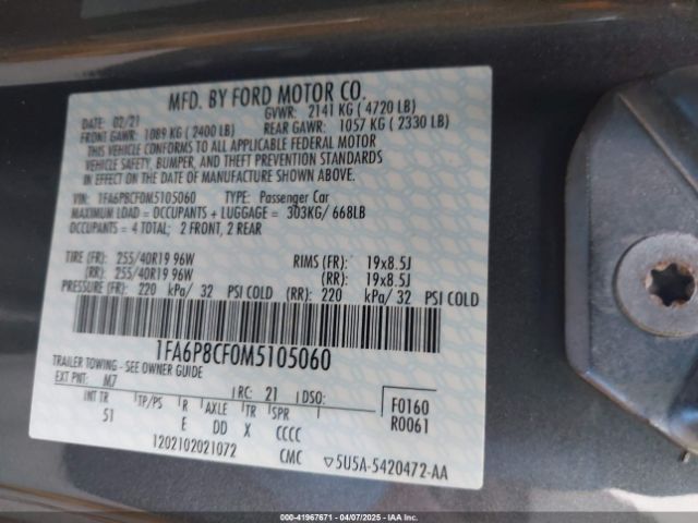 1FA6P8CF0M5105060 Ford Mustang Gt Premium Fastback