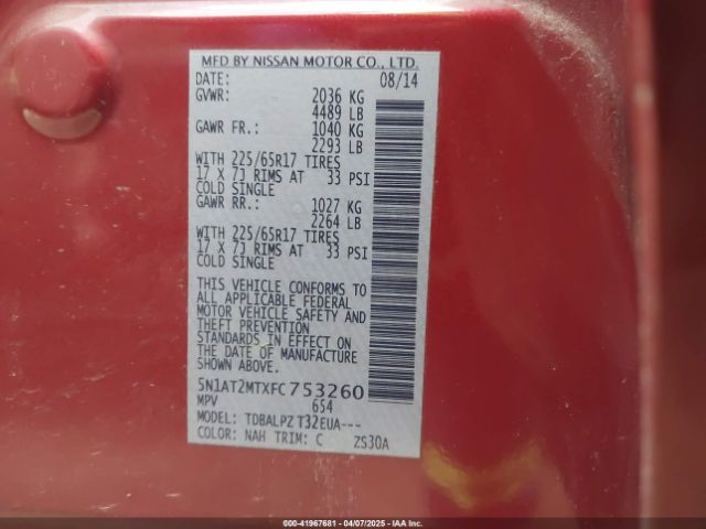 5N1AT2MTXFC753260 Nissan ROGUE S