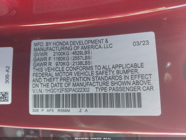 1HGCY2F50PA022302 Honda Accord Hybrid Sport