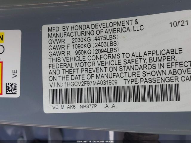 1HGCV2F97MA031909 Honda Accord Touring