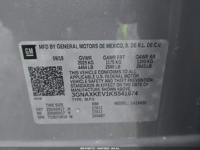 3GNAXKEV1KS541674 Chevrolet EQUINOX LT