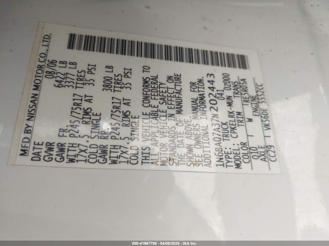Aukcja sprzedaży 2007 Nissan Titan Xe, vin: 1N6BA07A37N202443, numer aukcji: 41967798