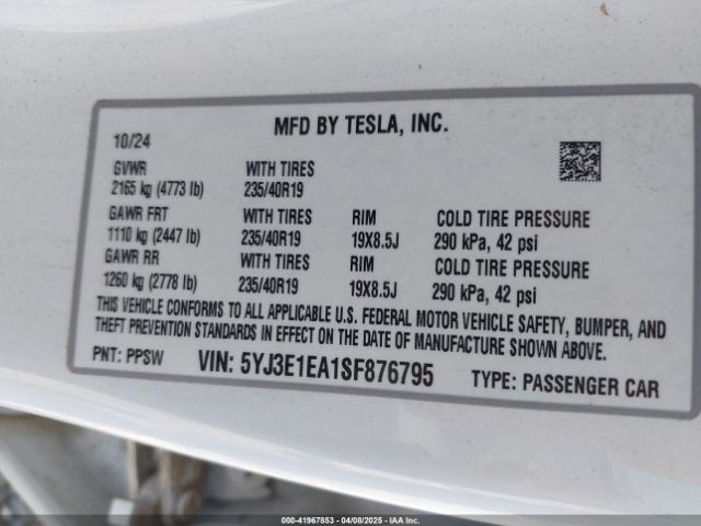 5YJ3E1EA1SF876795 Tesla 2025