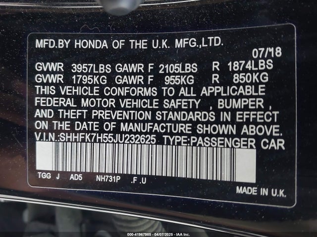 SHHFK7H55JU232625 Honda CIVIC EX