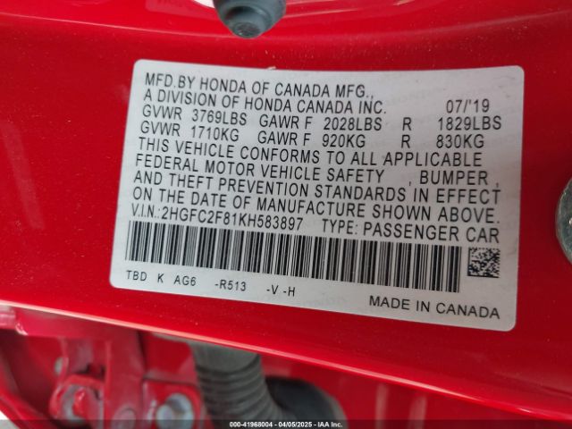 2HGFC2F81KH583897 Honda Civic Sport