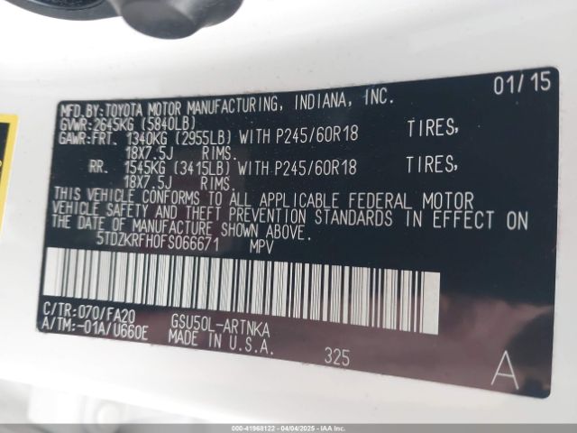 5TDZKRFH0FS066671 Toyota Highlander Le Plus V6