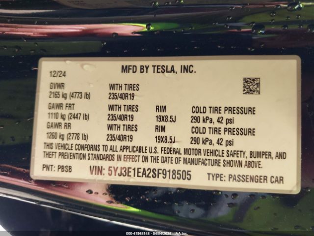 5YJ3E1EA2SF918505 Tesla Model 3 Long Range Rear-wheel Drive