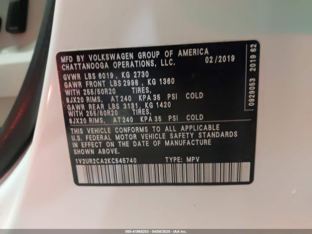 1V2UR2CA2KC545740 Volkswagen Atlas 3.6l V6 Se W/technology