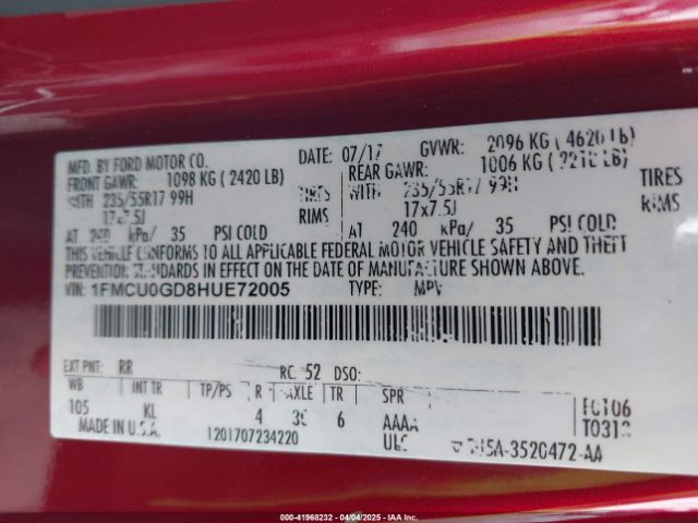 1FMCU0GD8HUE72005 Ford ESCAPE SE