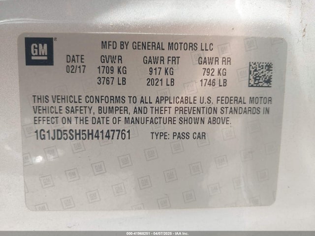 1G1JD5SH5H4147761 Chevrolet Sonic Lt Auto