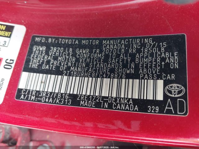 2T1BURHE8FC478876 Toyota COROLLA LE