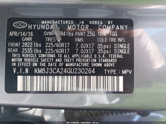 KM8J3CA24GU230264 Hyundai Tucson Eco