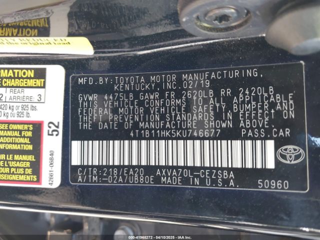 4T1B11HK5KU746677 Toyota CAMRY SE