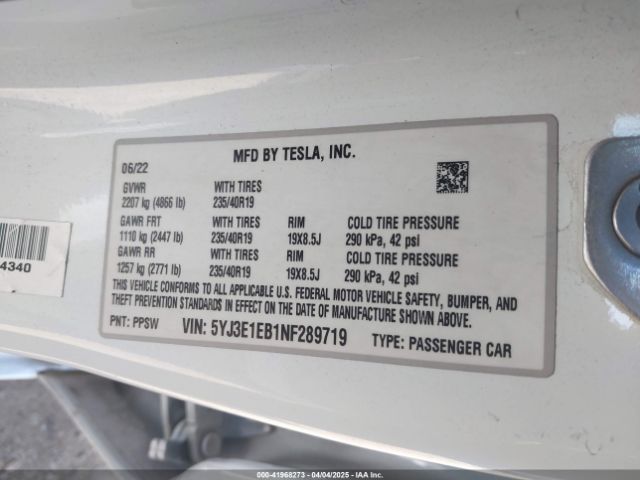 5YJ3E1EB1NF289719 Tesla Model 3 Long Range Dual Motor All-wheel Drive