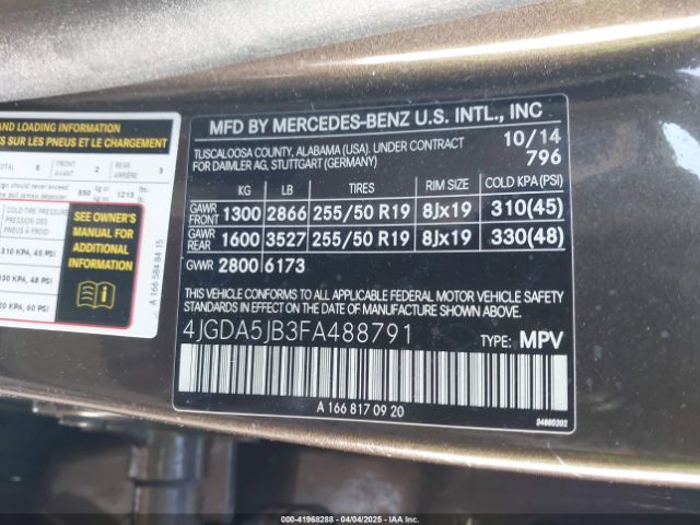 4JGDA5JB3FA488791 Mercedes-Benz ML 350