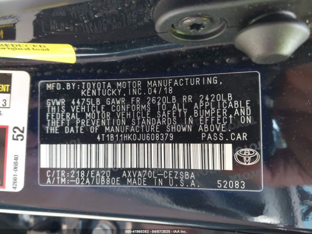 4T1B11HK0JU608379 Toyota CAMRY SE