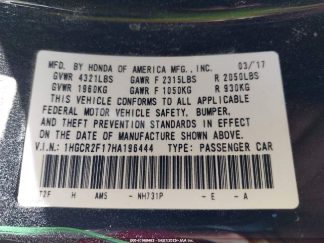 1HGCR2F17HA196444 Honda Accord Sport Se