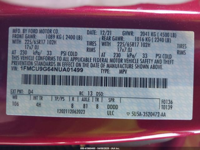 1FMCU9G64NUA01499 Ford ESCAPE SE