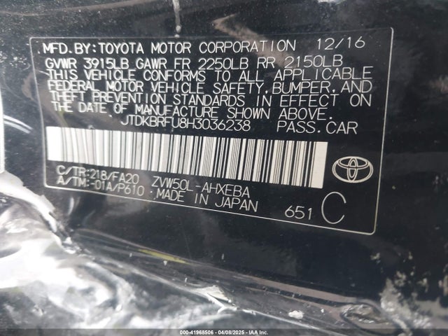 JTDKBRFU8H3036238 Toyota 2zr-fxe,1nm