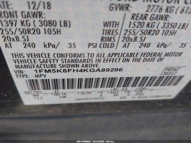 1FM5K8FH4KGA89296 Ford Explorer Limited