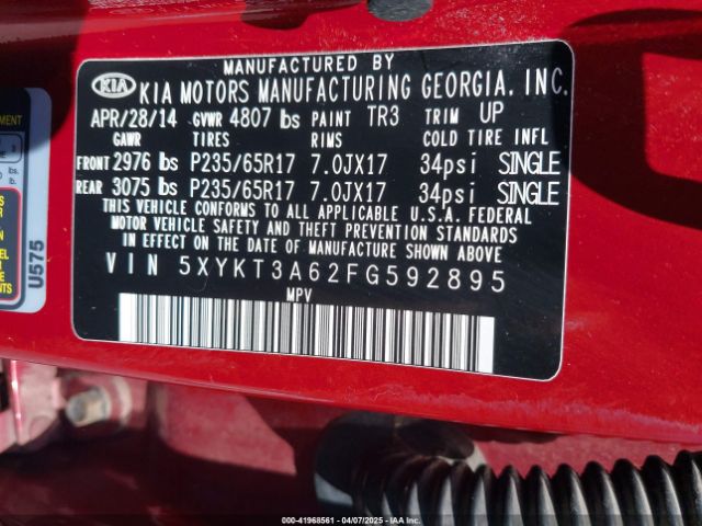 5XYKT3A62FG592895 KIA SORENTO LX