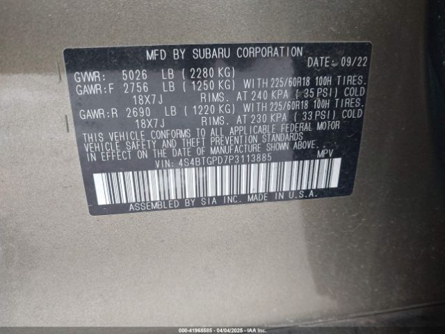 4S4BTGPD7P3113885 Subaru Outback Touring Xt