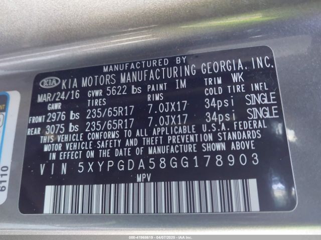 5XYPGDA58GG178903 KIA Sorento 3.3l Lx