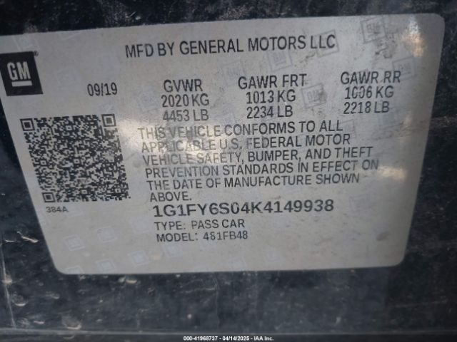 1G1FY6S04K4149938 Chevrolet BOLT EV LT