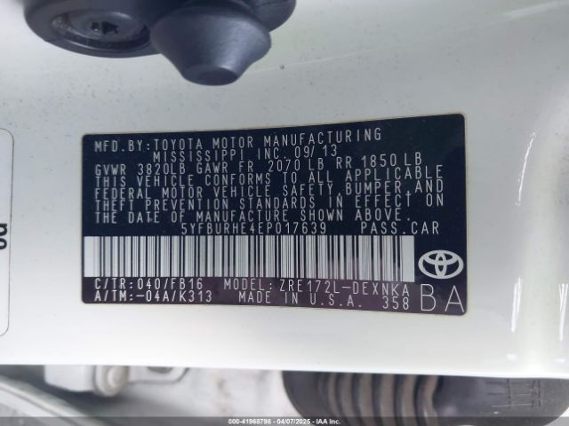 5YFBURHE4EP017639 Toyota Corolla Le Plus
