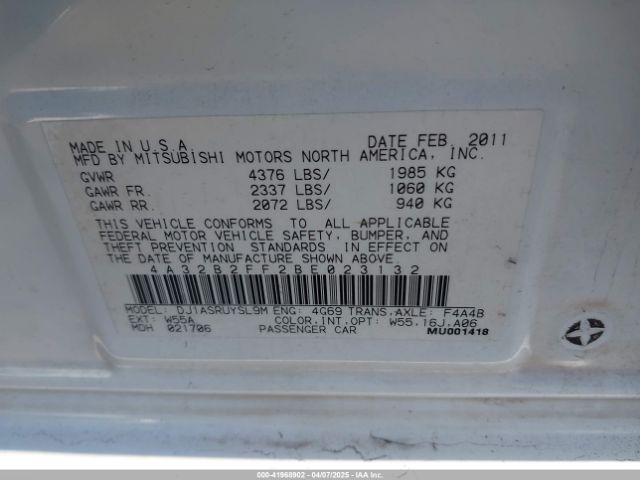 2011 MITSUBISHI GALANT 4A32B2FF2BE023132 Photo 8