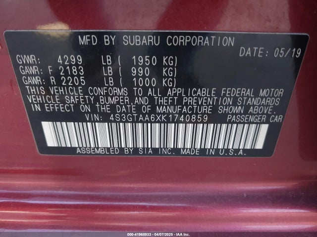 4S3GTAA6XK1740859 Subaru Impreza 2.0i