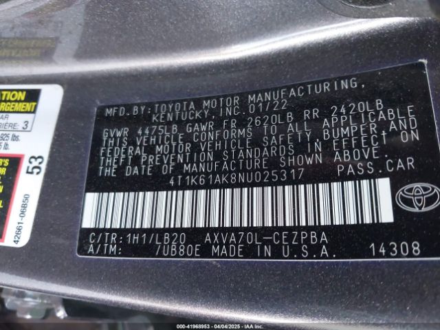 4T1K61AK8NU025317 Toyota CAMRY XSE