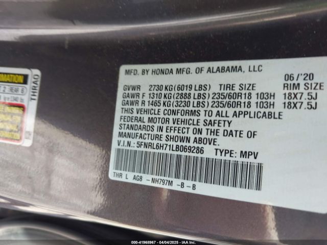 5FNRL6H71LB069286 Honda Odyssey Ex-l/ex-l W/navi   Res