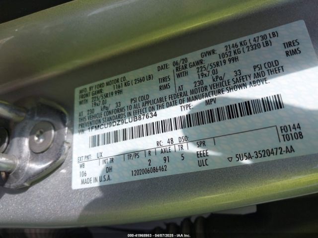 1FMCU9DZ9LUB87634 Ford Escape Titanium Hybrid