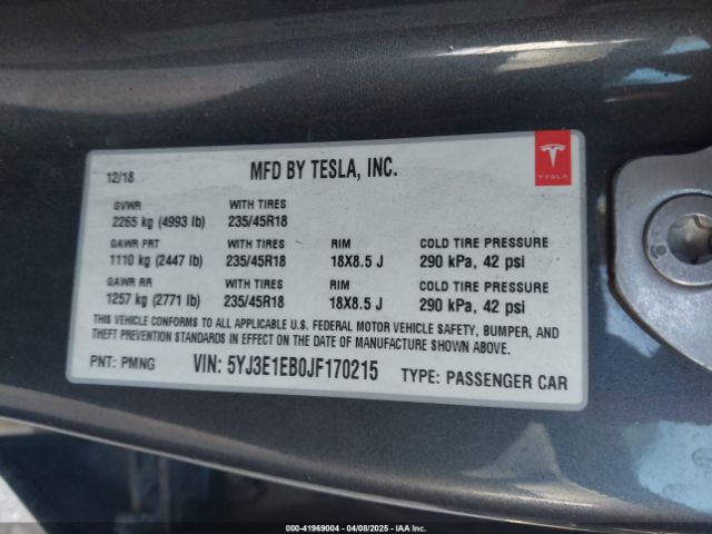 5YJ3E1EB0JF170215 Tesla Model 3 Long Range/performance
