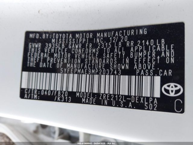 5YFEPMAE9MP203743 Toyota COROLLA LE