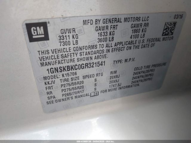 1GNSKBKC0GR321541 Chevrolet Tahoe Lt