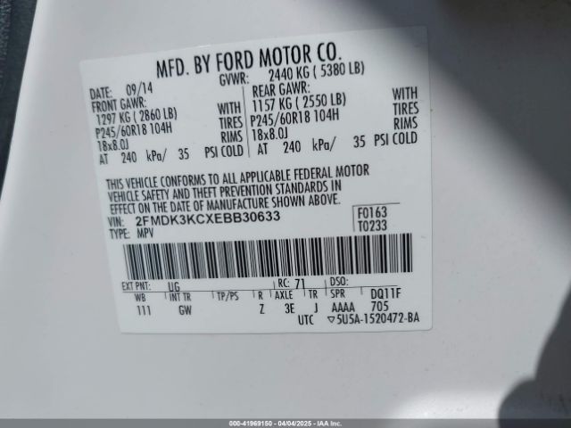 2FMDK3KCXEBB30633 Ford Edge Limited